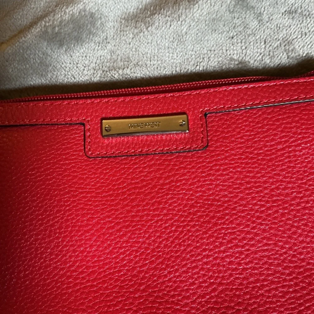 Nine West Red Pebbled Leather Clutch with Gold Plaque
